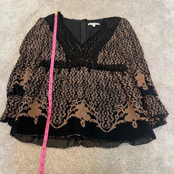 Nanette Lepore Women's 100% Silk Vneck Blouse Brown Black Lace Pattern Size 6 - Picture 5 of 8